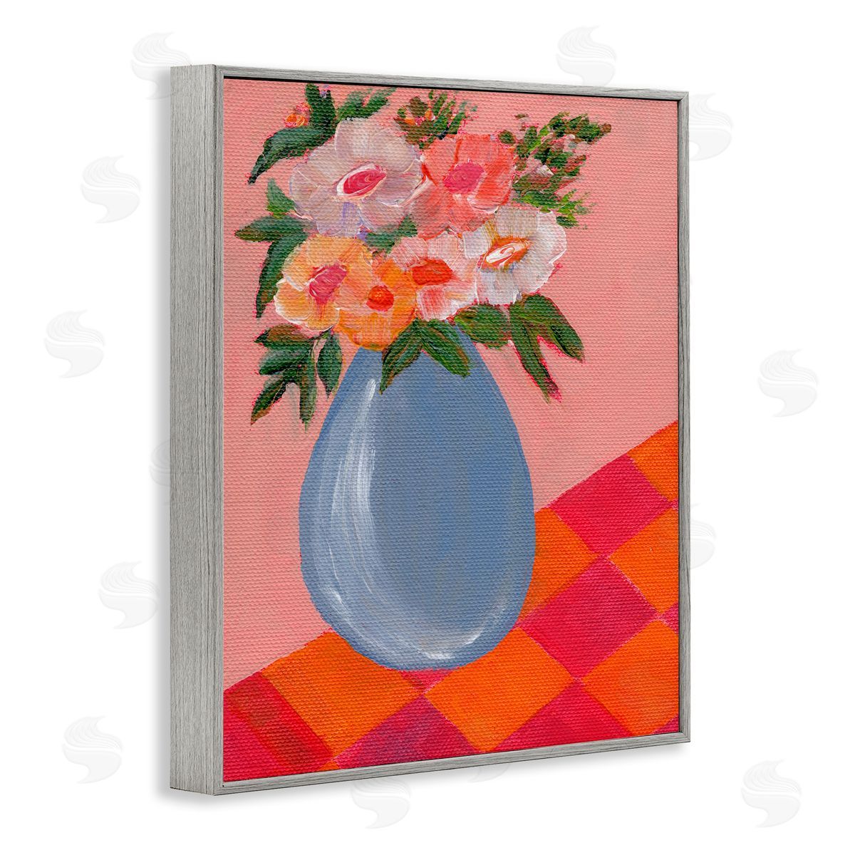 Bright Pink Bouquet Grey Frame Print Wall Art, Home Decor by Nikita Jariwala