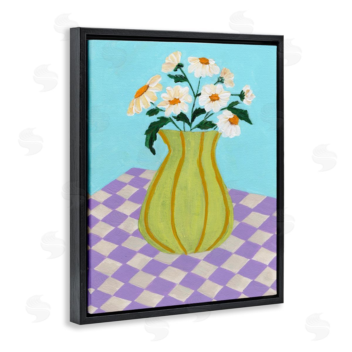 Retro Checkers Vase Black Floating Frame Canvas Wall Art, Home Decor by Nikita Jariwala