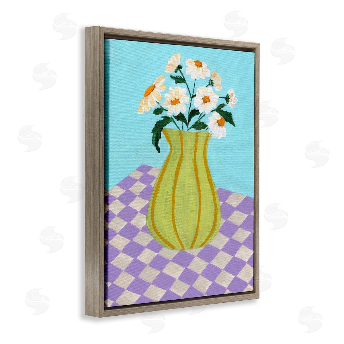 Retro Checkers Vase Brown Floating Frame Canvas Wall Art, Home Decor by Nikita Jariwala