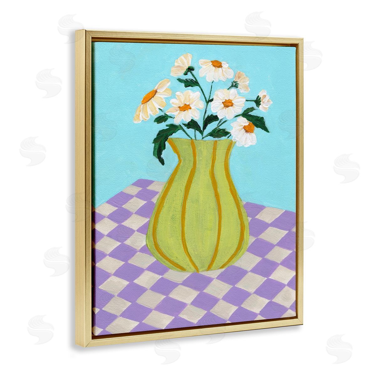 Retro Checkers Vase Gold Floating Frame Canvas Wall Art, Home Decor by Nikita Jariwala