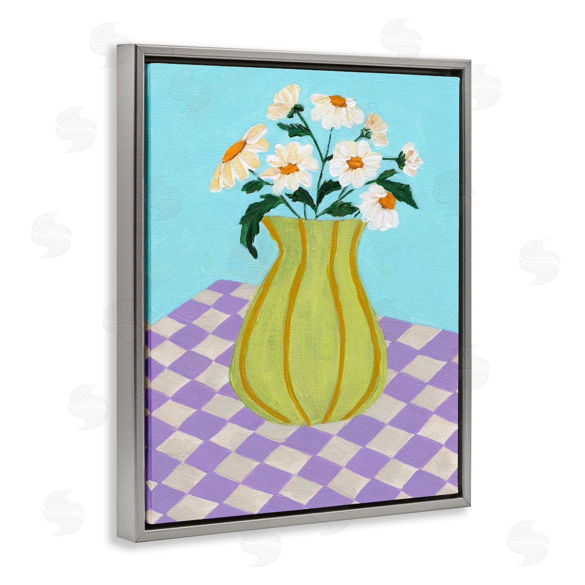 Retro Checkers Vase Grey Floating Frame Canvas Wall Art, Home Decor by Nikita Jariwala