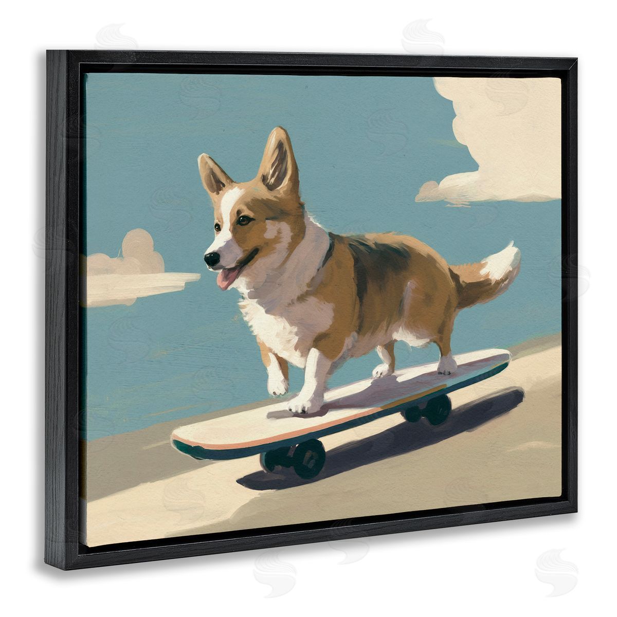 Skateboarding Corgi Dog Black Floating Frame Canvas Wall Art, Home Decor by Svetlana Aleynikova