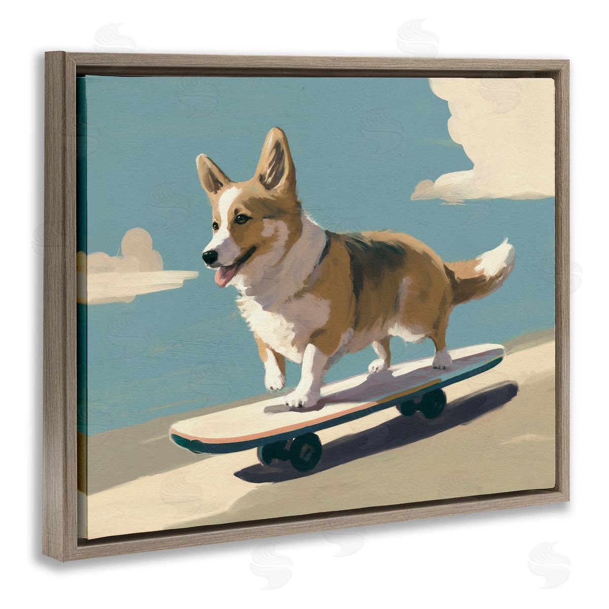 Skateboarding Corgi Dog Brown Floating Frame Canvas Wall Art, Home Decor by Svetlana Aleynikova