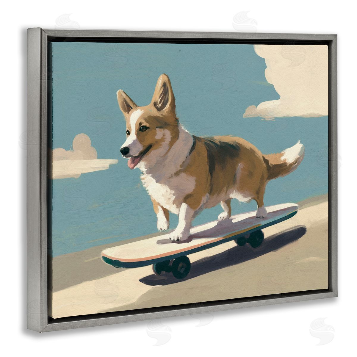 Skateboarding Corgi Dog Grey Floating Frame Canvas Wall Art, Home Decor by Svetlana Aleynikova