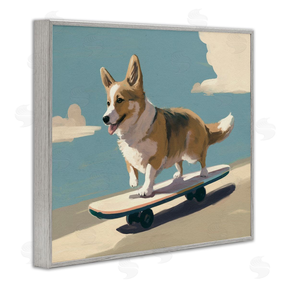 Skateboarding Corgi Dog Grey Frame Print Wall Art, Home Decor by Svetlana Aleynikova