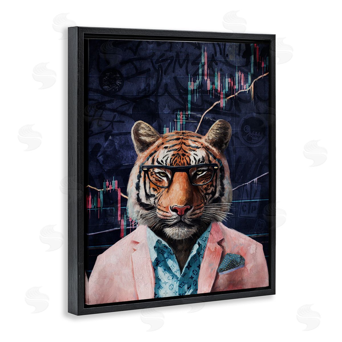 Trendy Tiger on Abstract Black Floating Frame Canvas Wall Art, Home Decor by Svetlana Aleynikova