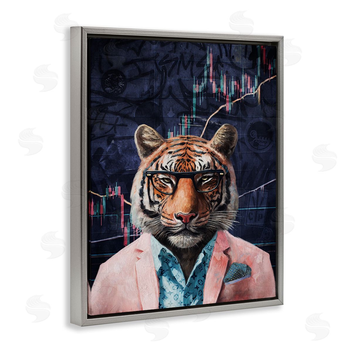 Trendy Tiger on Abstract Grey Floating Frame Canvas Wall Art, Home Decor by Svetlana Aleynikova