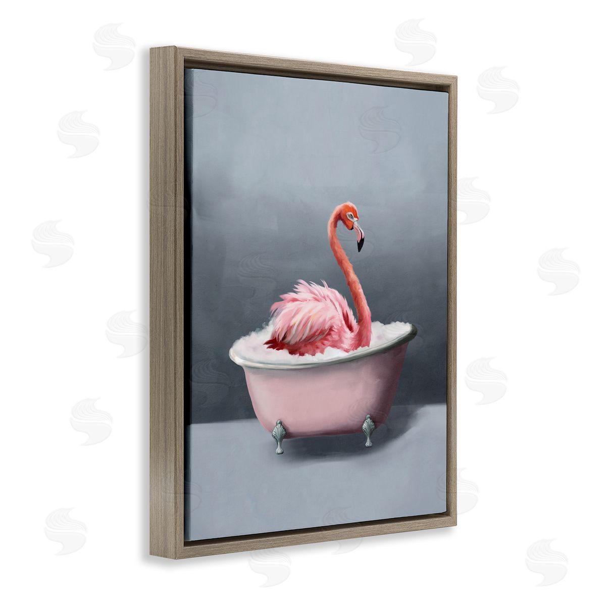 Flamingo in Bathtub Brown Floating Frame Canvas Wall Art, Home Decor by Svetlana Aleynikova