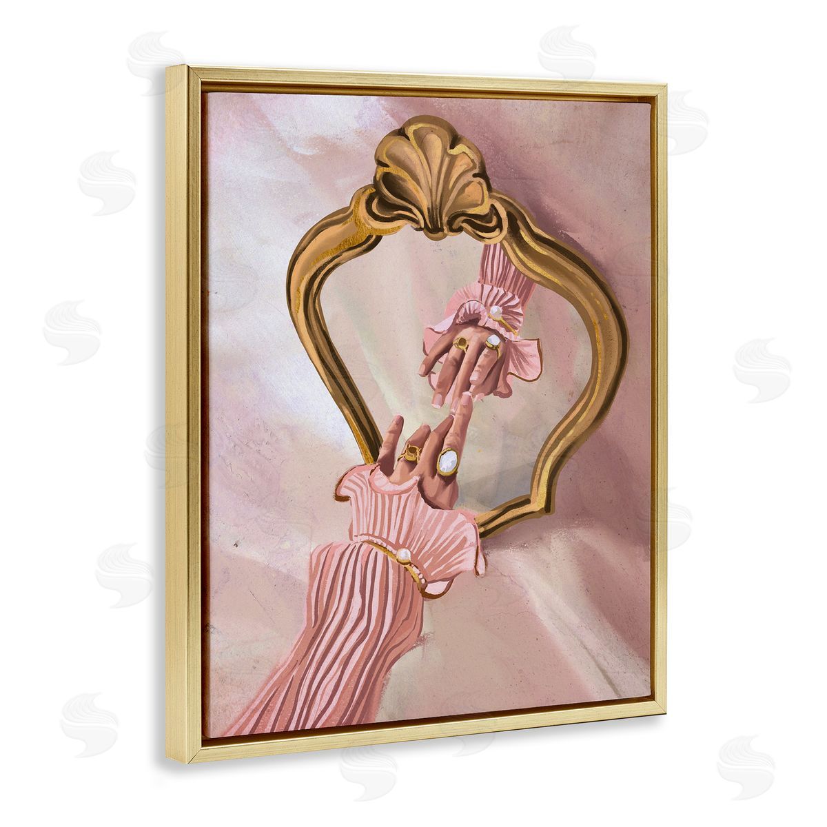 Chic Hand Mirror Reflection Gold Floating Frame Canvas Wall Art, Home Decor by Svetlana Aleynikova
