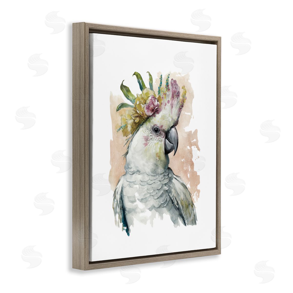 Cockatiel with Pink Flower Brown Floating Frame Canvas Wall Art, Home Decor by Svetlana Aleynikova