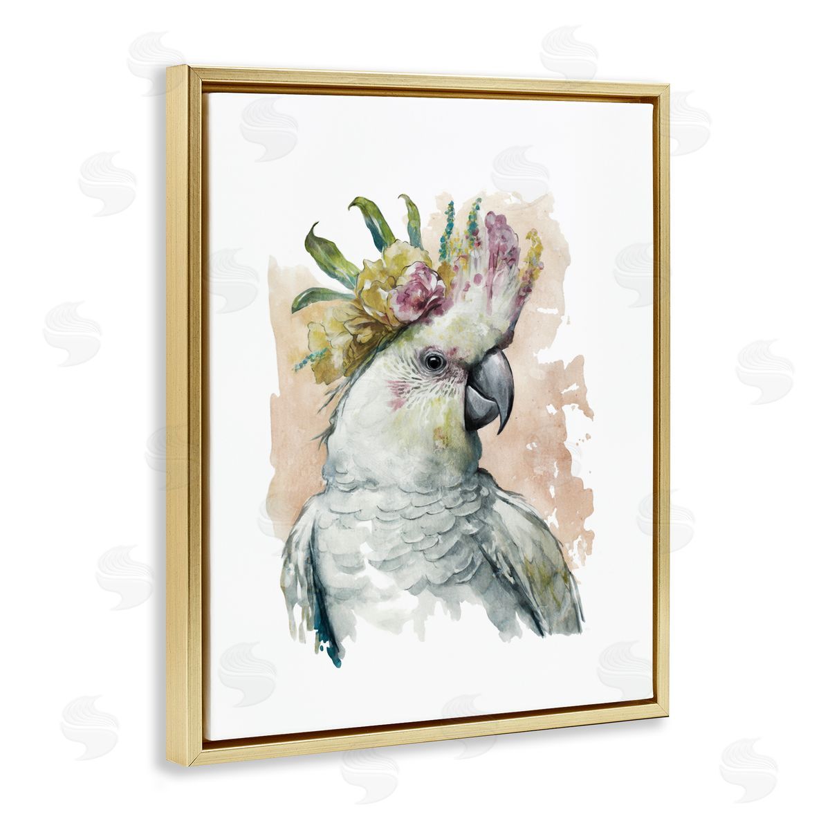 Cockatiel with Pink Flower Gold Floating Frame Canvas Wall Art, Home Decor by Svetlana Aleynikova