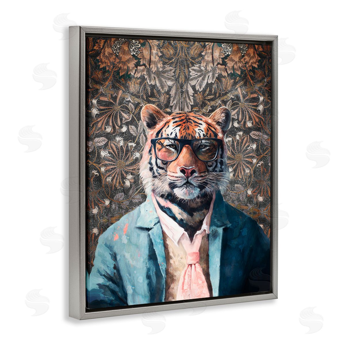 Stylish Tiger in Glasses Grey Floating Frame Canvas Wall Art, Home Decor by Svetlana Aleynikova
