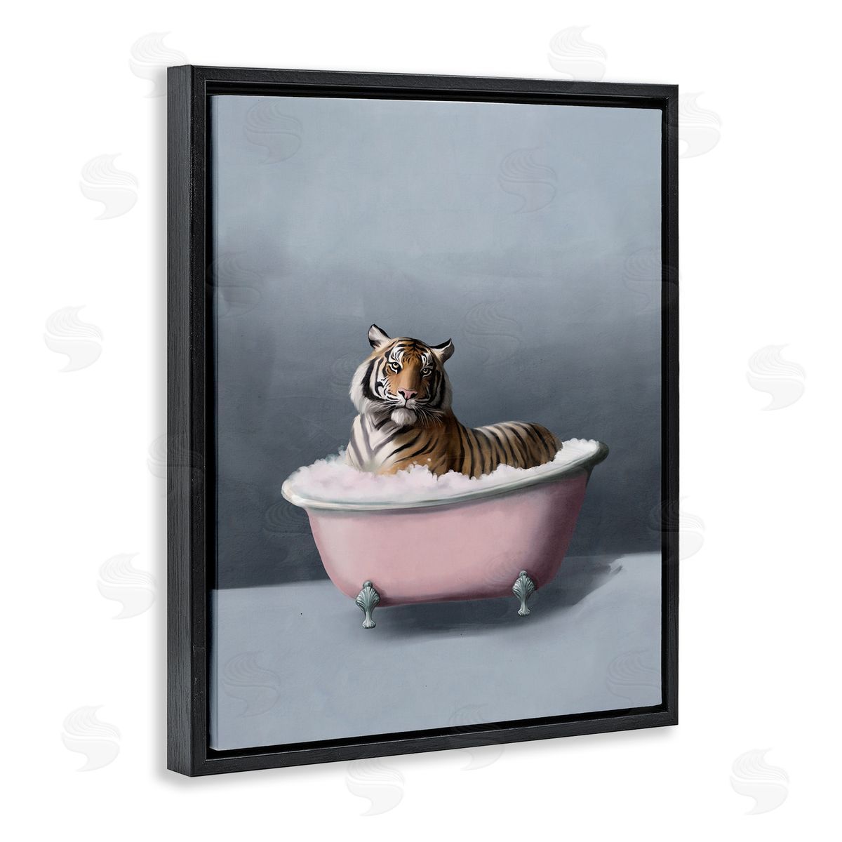 Tiger in the Bathtub Black Floating Frame Canvas Wall Art, Home Decor by Svetlana Aleynikova