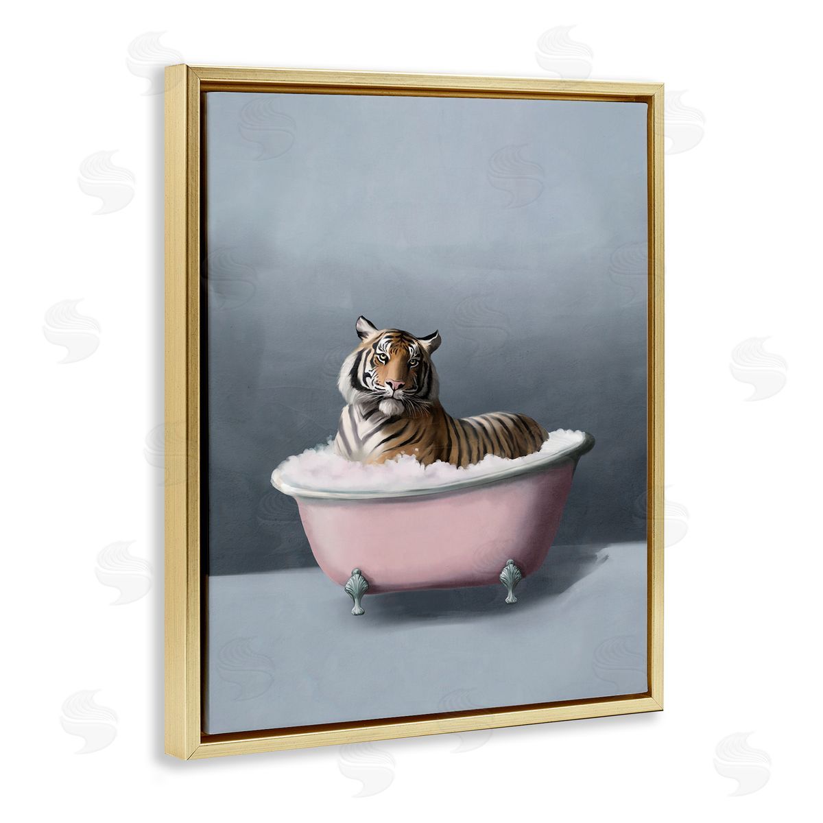 Tiger in the Bathtub Gold Floating Frame Canvas Wall Art, Home Decor by Svetlana Aleynikova