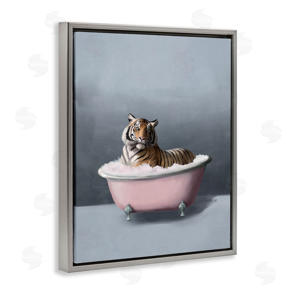 Tiger in the Bathtub Grey Floating Frame Canvas Wall Art, Home Decor by Svetlana Aleynikova