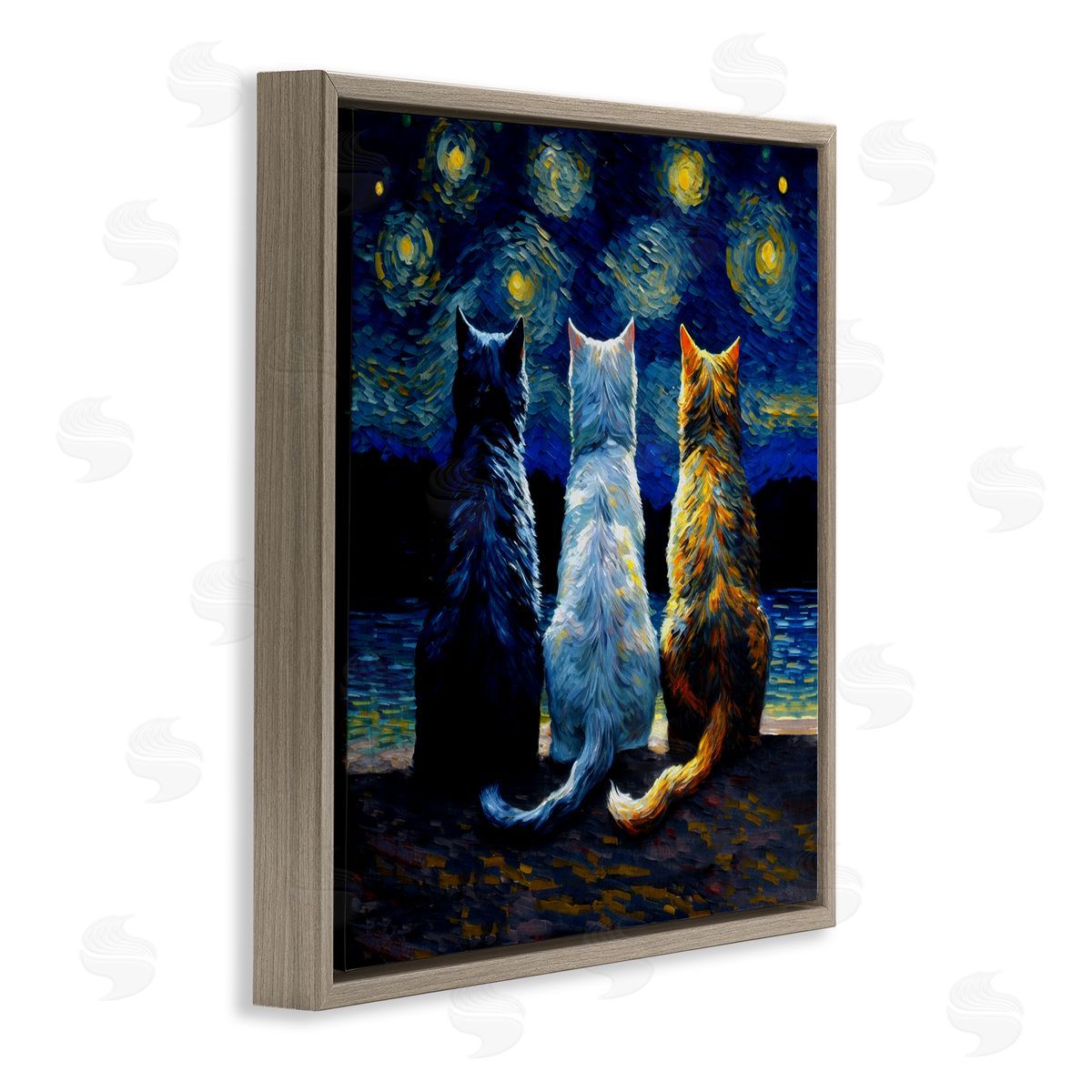 Van Gogh Style Cats Brown Floating Frame Canvas Wall Art, Home Decor by Svetlana Aleynikova