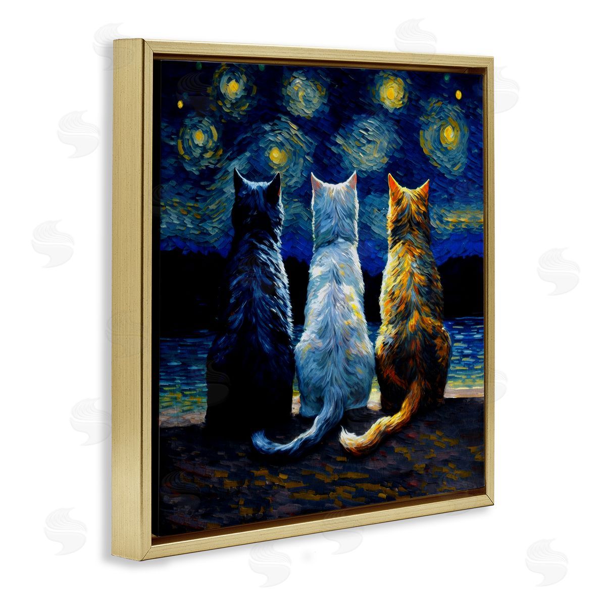Van Gogh Style Cats Gold Floating Frame Canvas Wall Art, Home Decor by Svetlana Aleynikova