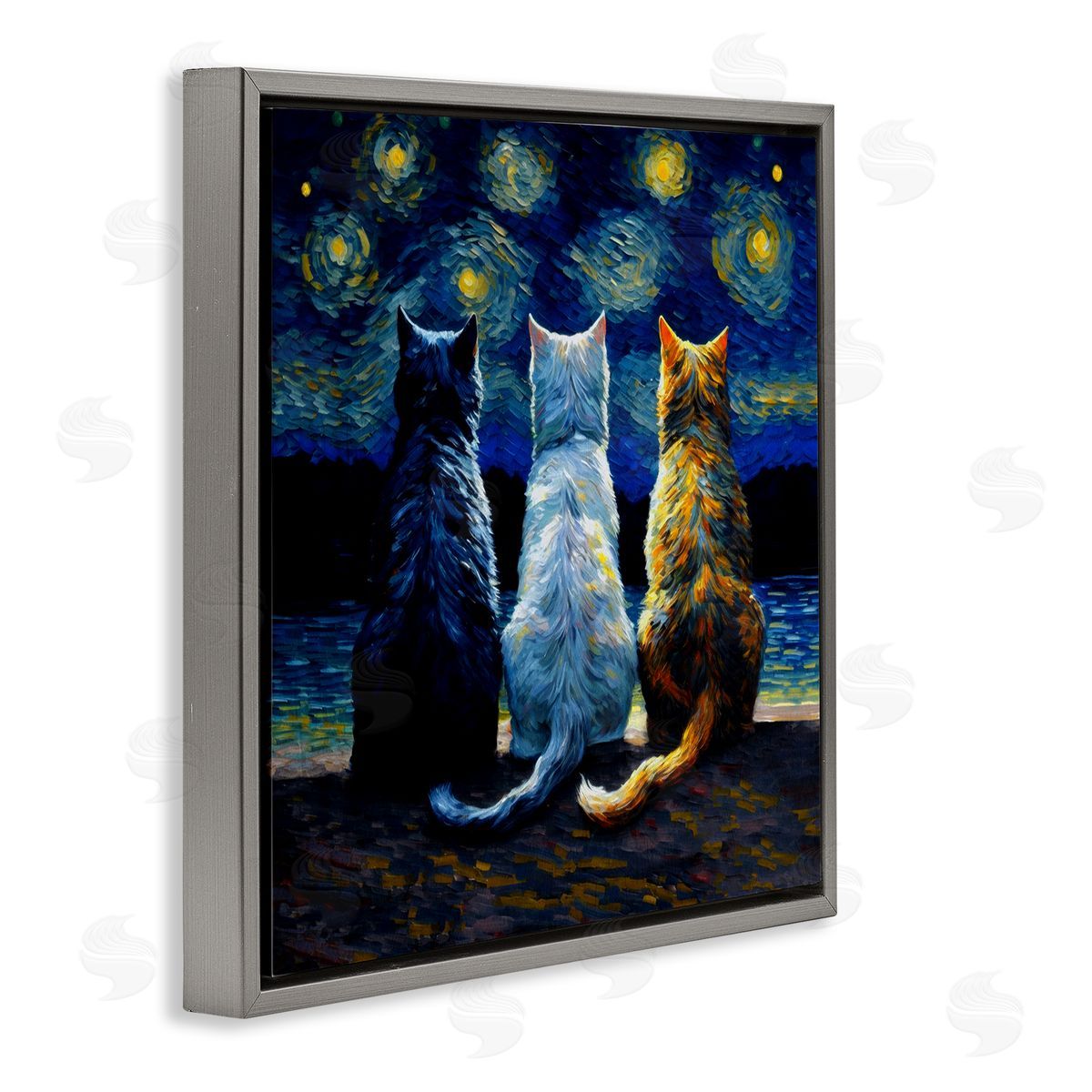 Van Gogh Style Cats Grey Floating Frame Canvas Wall Art, Home Decor by Svetlana Aleynikova