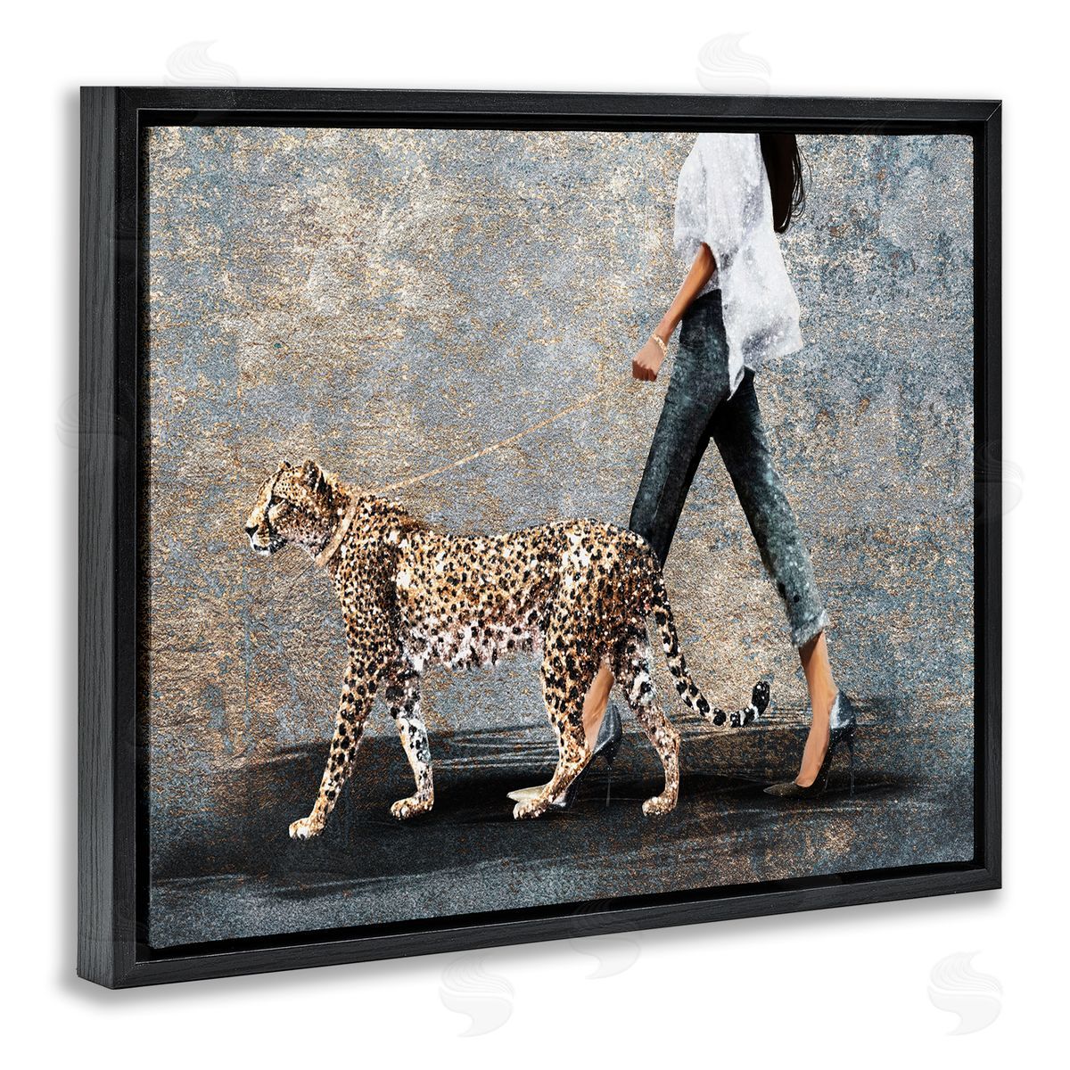 Trendy Woman with Leopard Black Floating Frame Canvas Wall Art, Home Decor by Svetlana Aleynikova