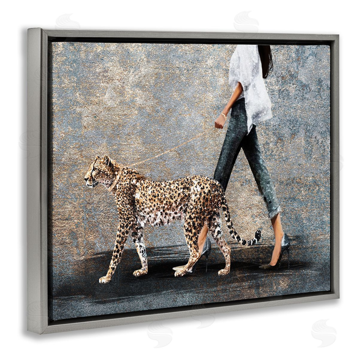 Trendy Woman with Leopard Grey Floating Frame Canvas Wall Art, Home Decor by Svetlana Aleynikova