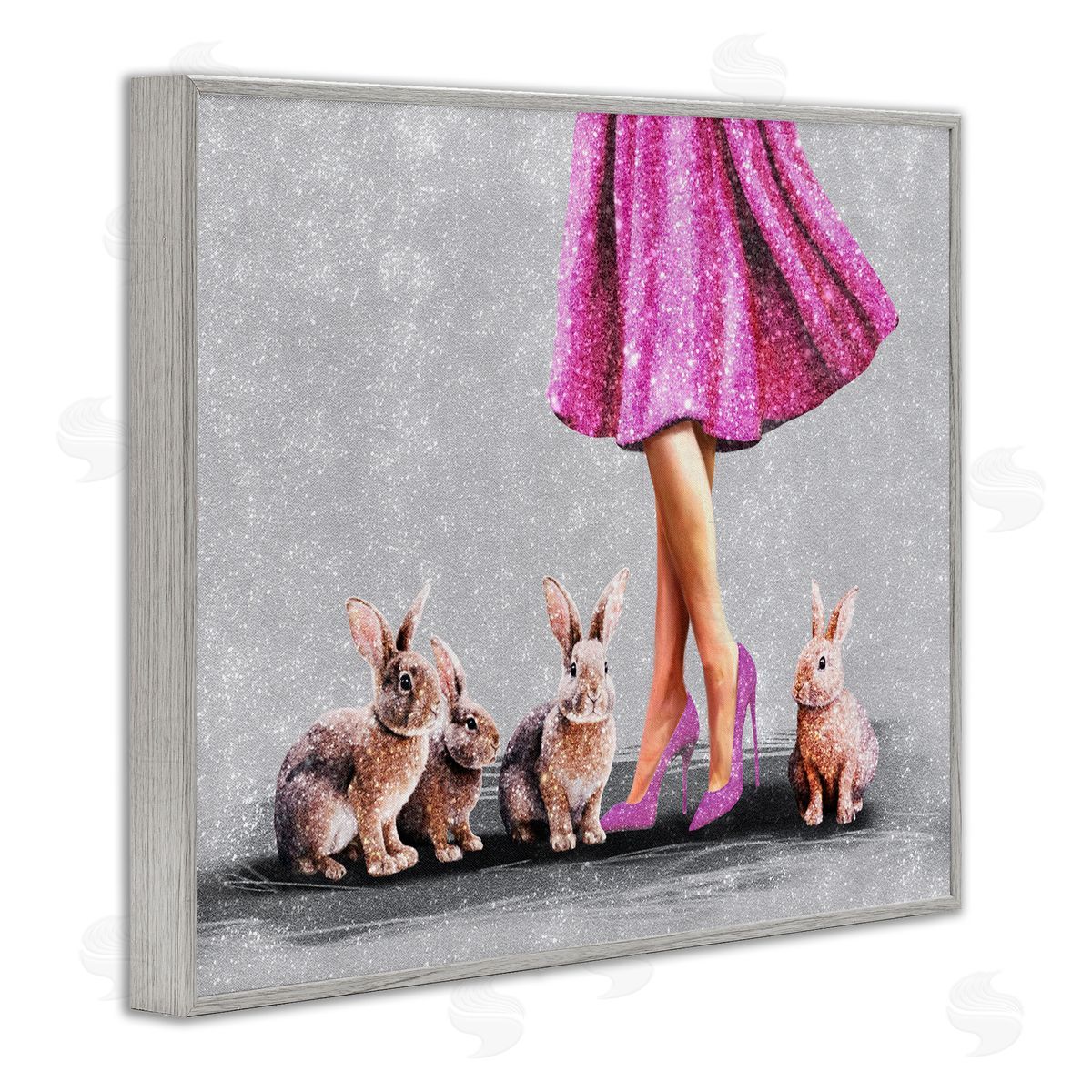 Chic Woman with Rabbits Grey Frame Print Wall Art, Home Decor by Svetlana Aleynikova