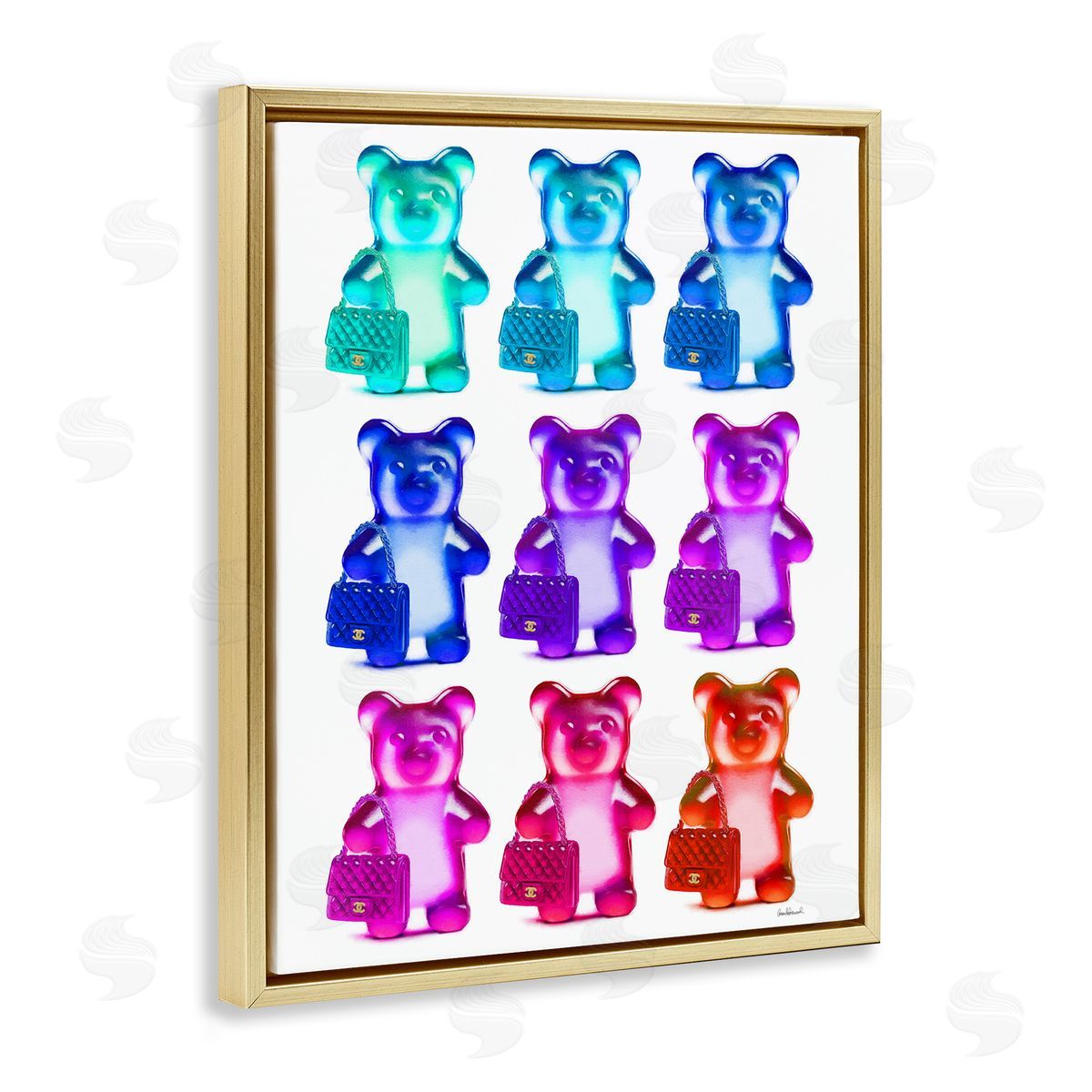 Bright Hued Bears & Bags Gold Floating Frame Canvas Wall Art, Home Decor by Amanda Greenwood