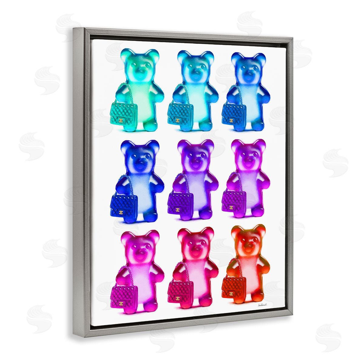 Bright Hued Bears & Bags Grey Floating Frame Canvas Wall Art, Home Decor by Amanda Greenwood