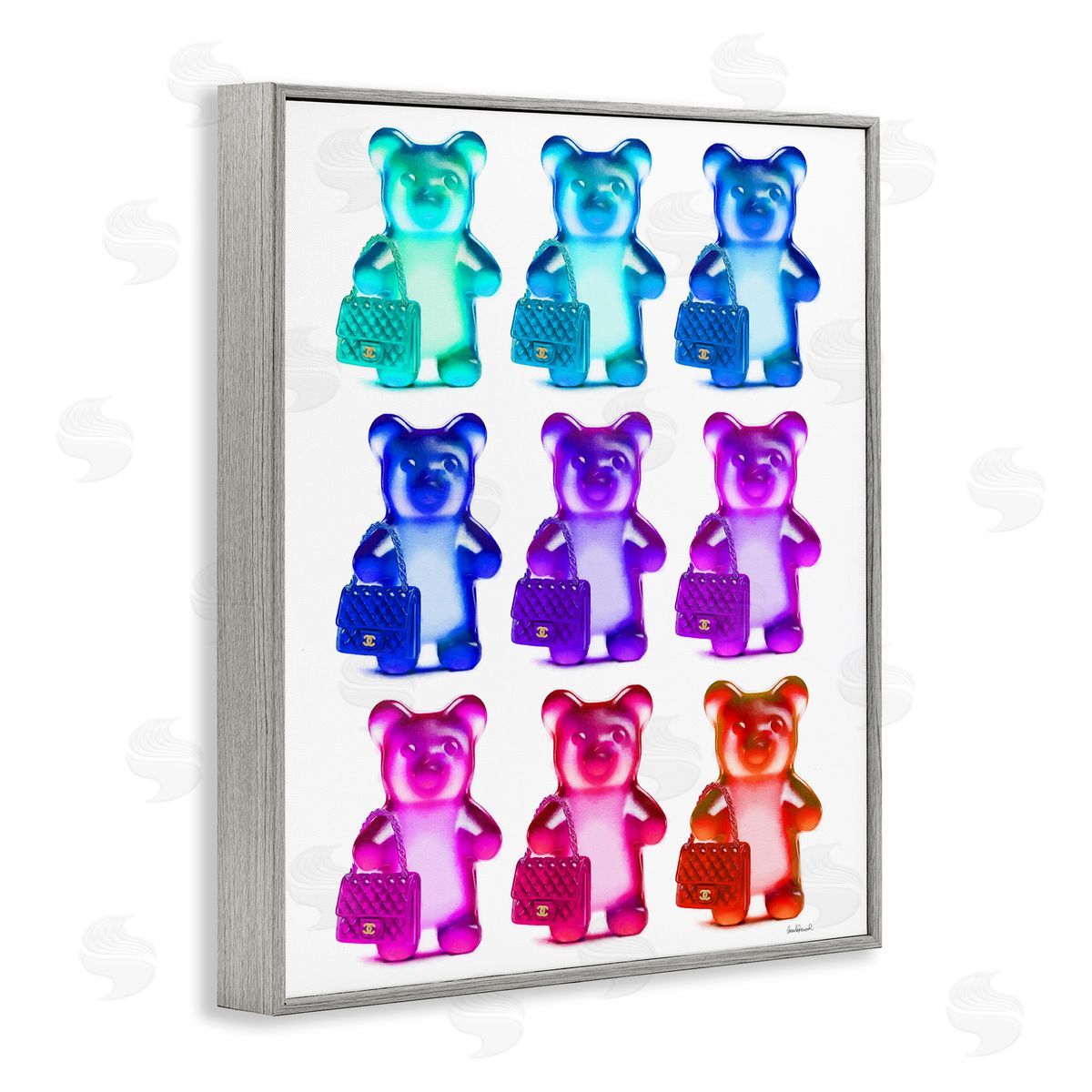 Bright Hued Bears & Bags Grey Frame Print Wall Art, Home Decor by Amanda Greenwood