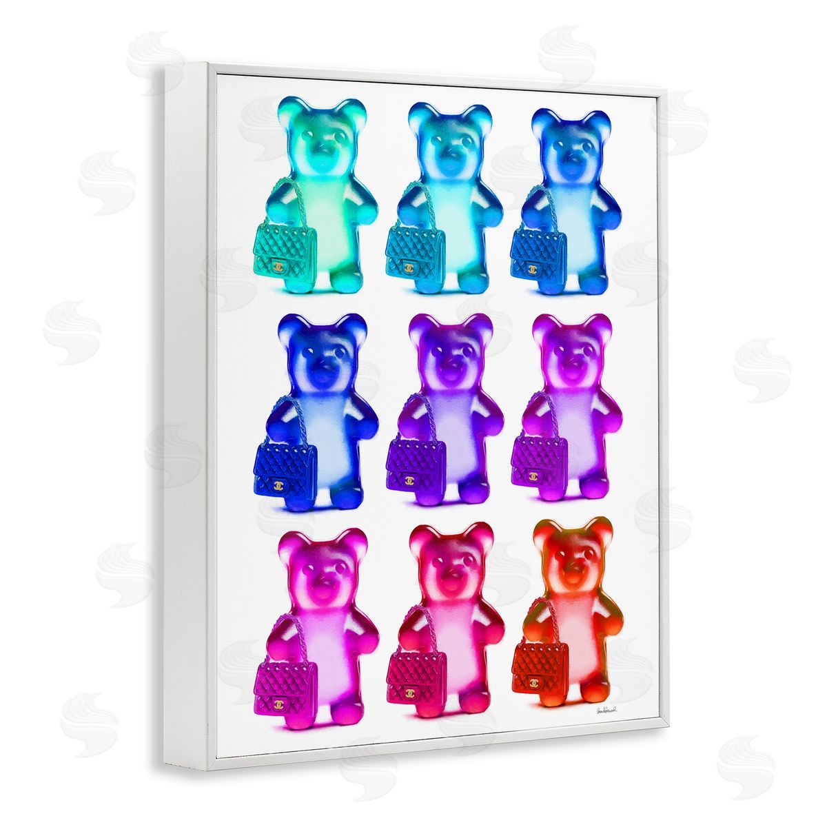Bright Hued Bears & Bags White Frame Print Wall Art, Home Decor by Amanda Greenwood