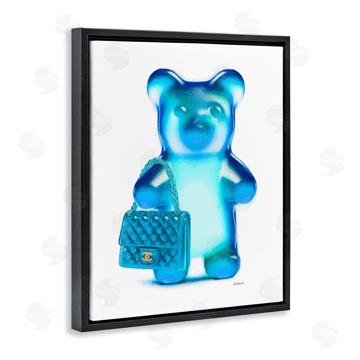 Blue Trendy Bear & Bag Black Floating Frame Canvas Wall Art, Home Decor by Amanda Greenwood