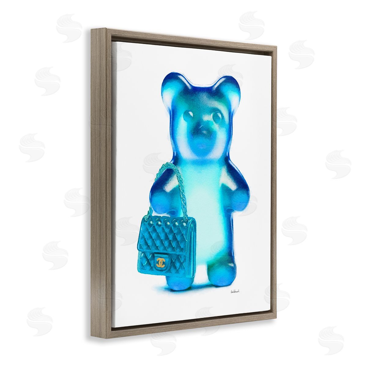 Blue Trendy Bear & Bag Brown Floating Frame Canvas Wall Art, Home Decor by Amanda Greenwood