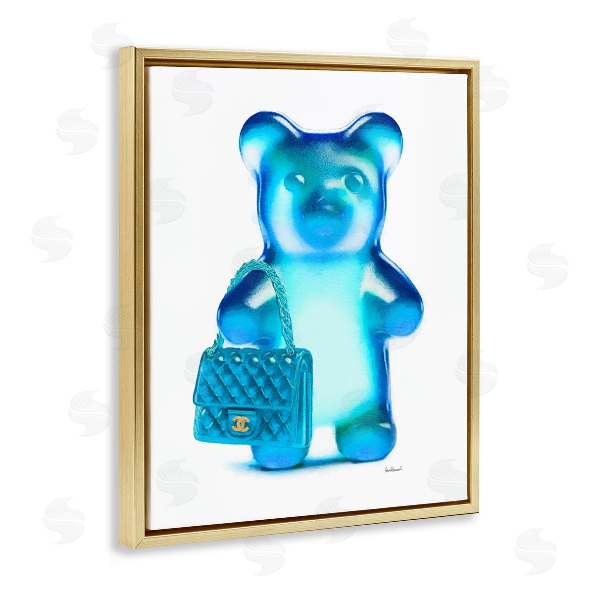 Blue Trendy Bear & Bag Gold Floating Frame Canvas Wall Art, Home Decor by Amanda Greenwood