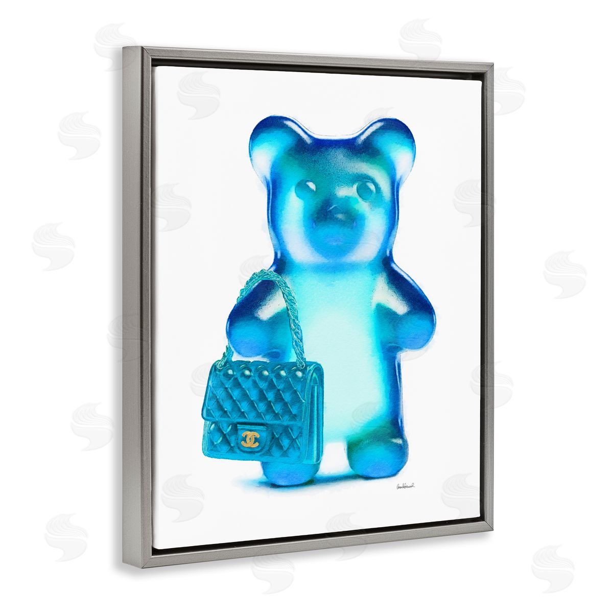 Blue Trendy Bear & Bag Grey Floating Frame Canvas Wall Art, Home Decor by Amanda Greenwood