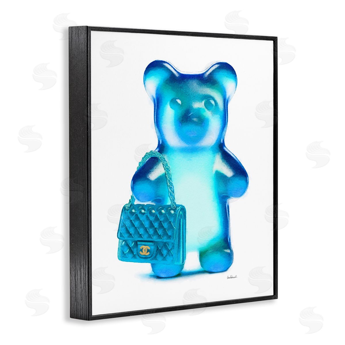 Blue Trendy Bear & Bag Black Frame Print Wall Art, Home Decor by Amanda Greenwood