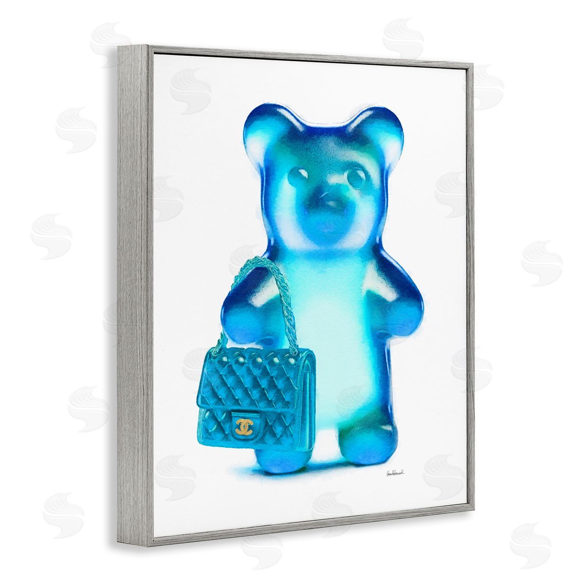 Blue Trendy Bear & Bag Grey Frame Print Wall Art, Home Decor by Amanda Greenwood