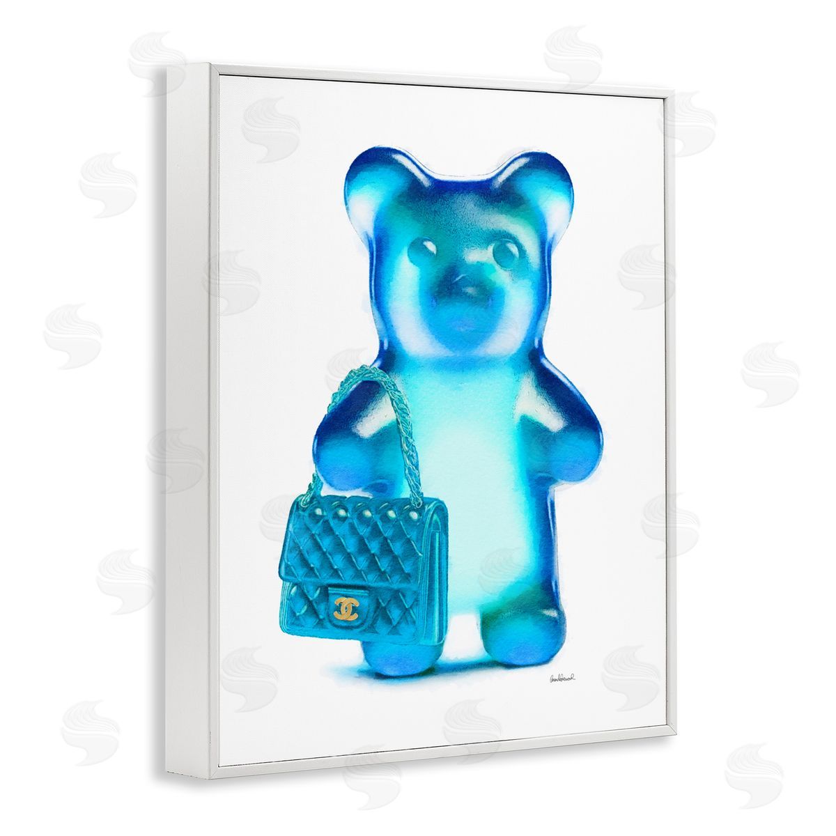 Blue Trendy Bear & Bag White Frame Print Wall Art, Home Decor by Amanda Greenwood