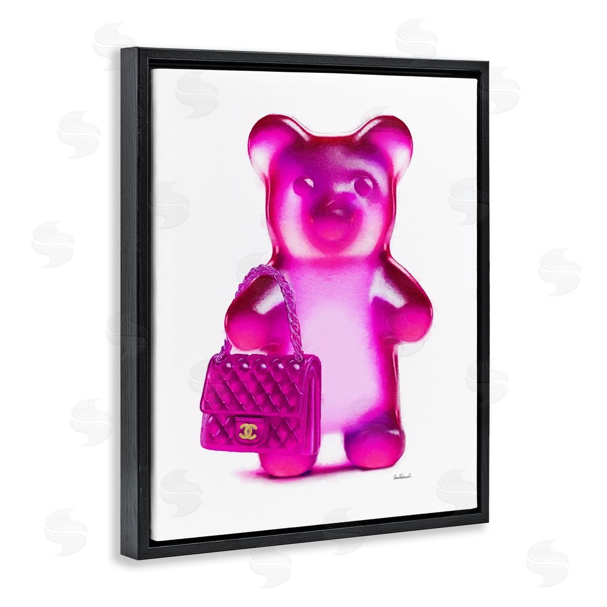 Pink Bear & Purse Black Floating Frame Canvas Wall Art, Home Decor by Amanda Greenwood