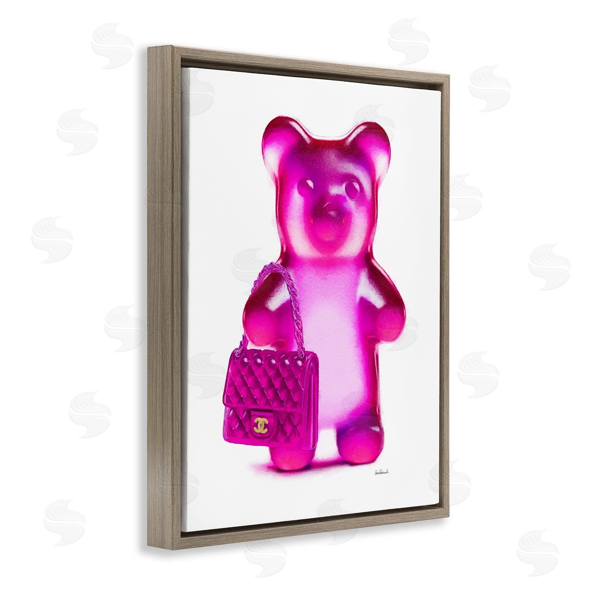 Pink Bear & Purse Brown Floating Frame Canvas Wall Art, Home Decor by Amanda Greenwood