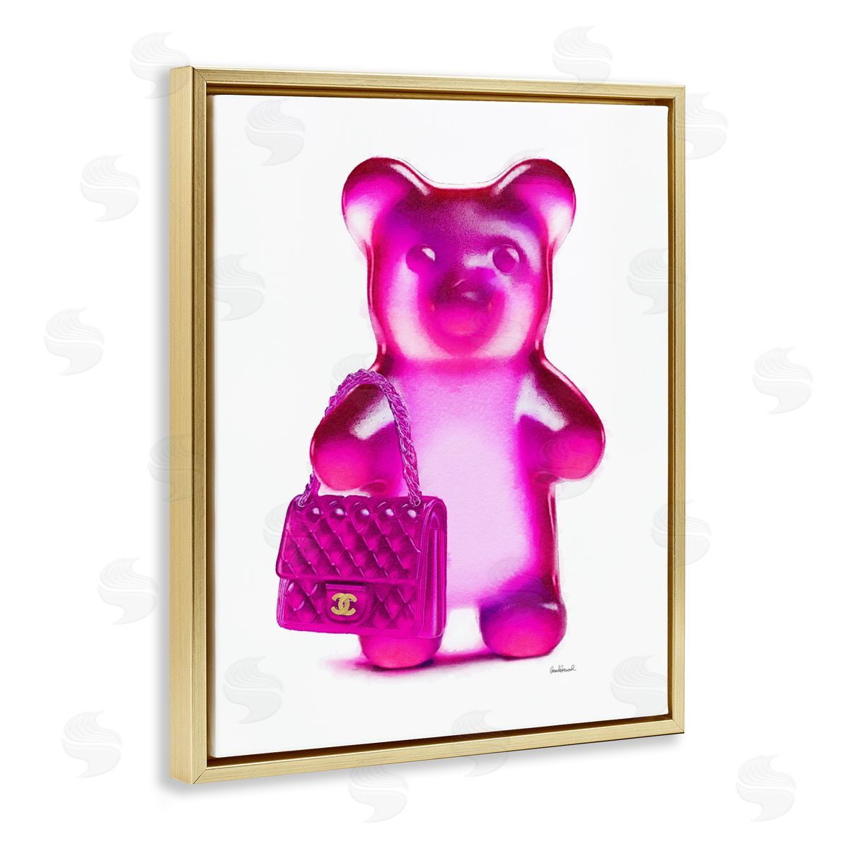 Pink Bear & Purse Gold Floating Frame Canvas Wall Art, Home Decor by Amanda Greenwood