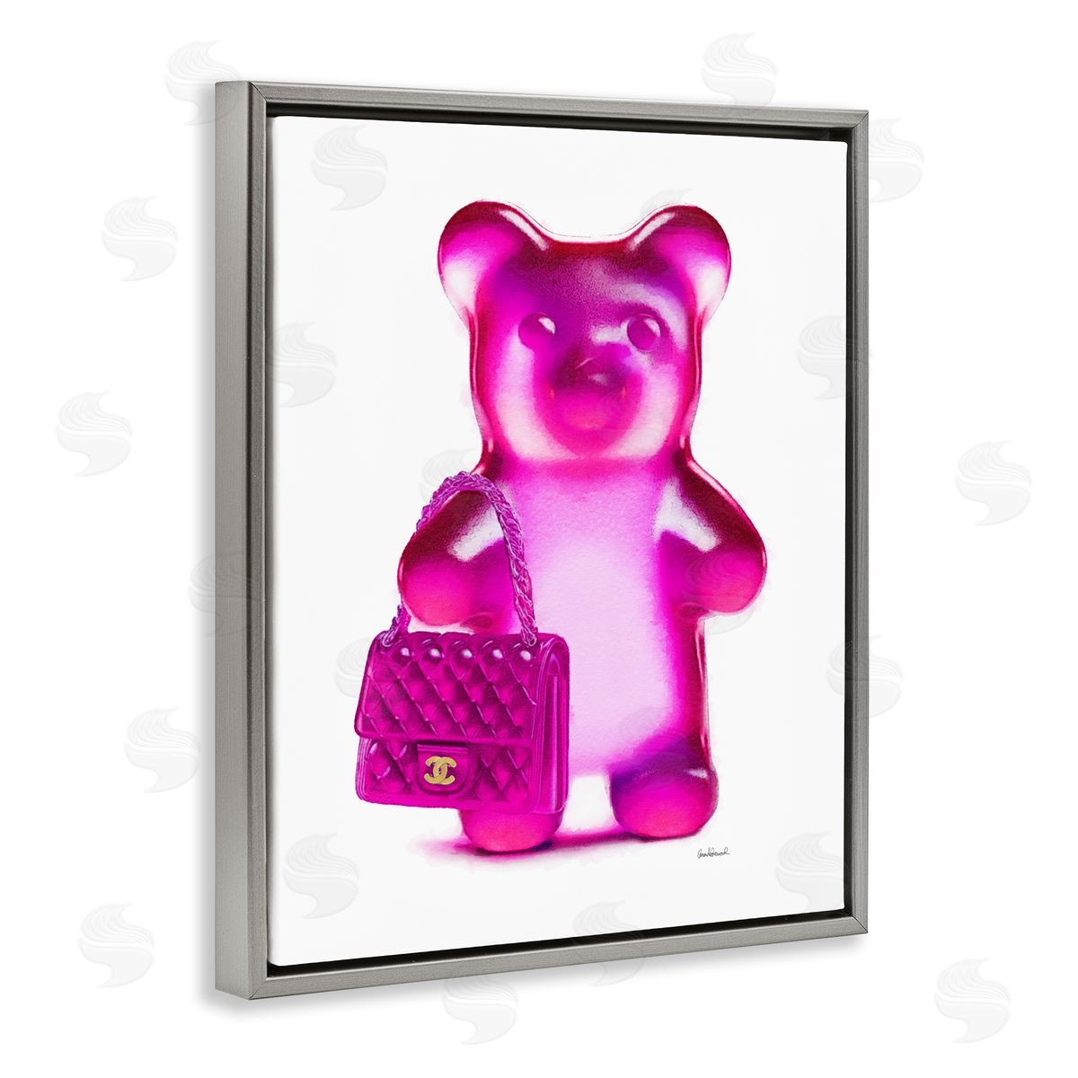 Pink Bear & Purse Grey Floating Frame Canvas Wall Art, Home Decor by Amanda Greenwood