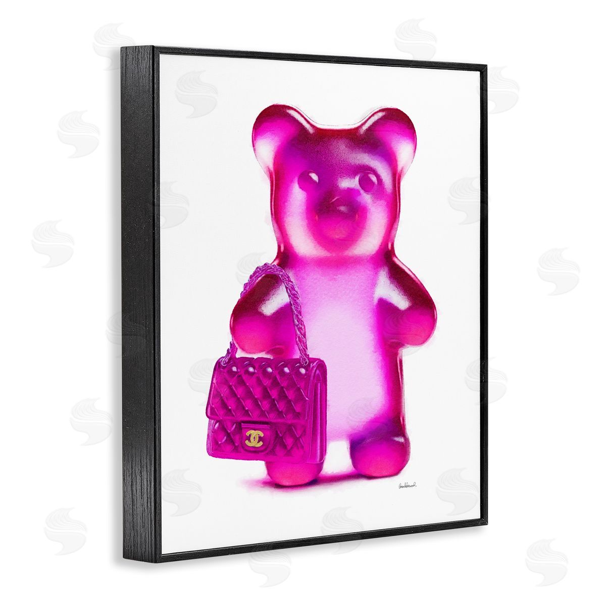 Pink Bear & Purse Black Frame Print Wall Art, Home Decor by Amanda Greenwood