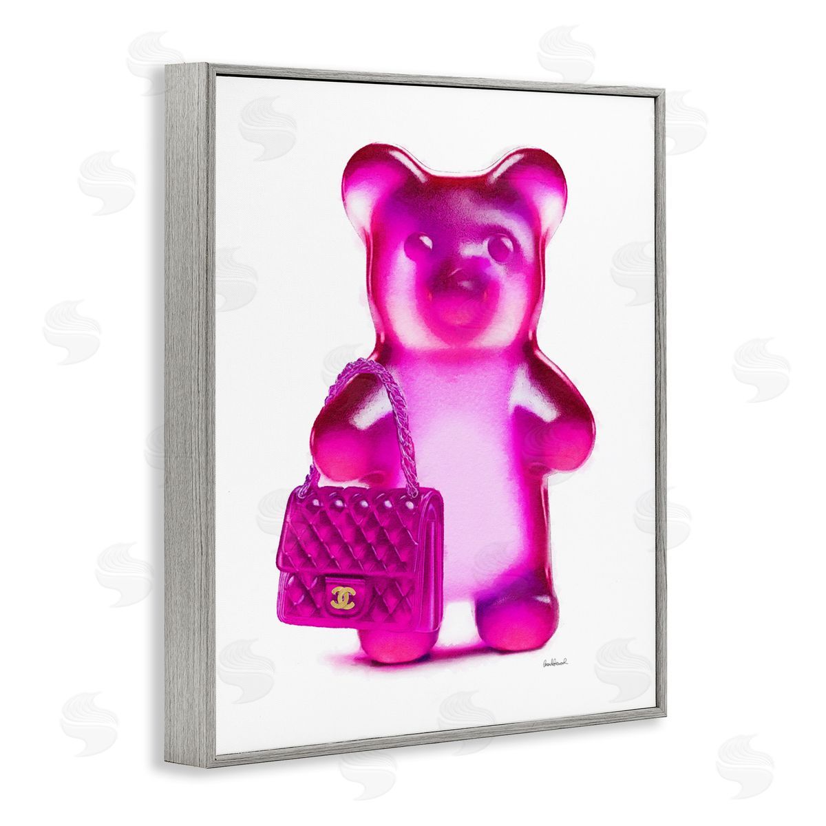 Pink Bear & Purse Grey Frame Print Wall Art, Home Decor by Amanda Greenwood