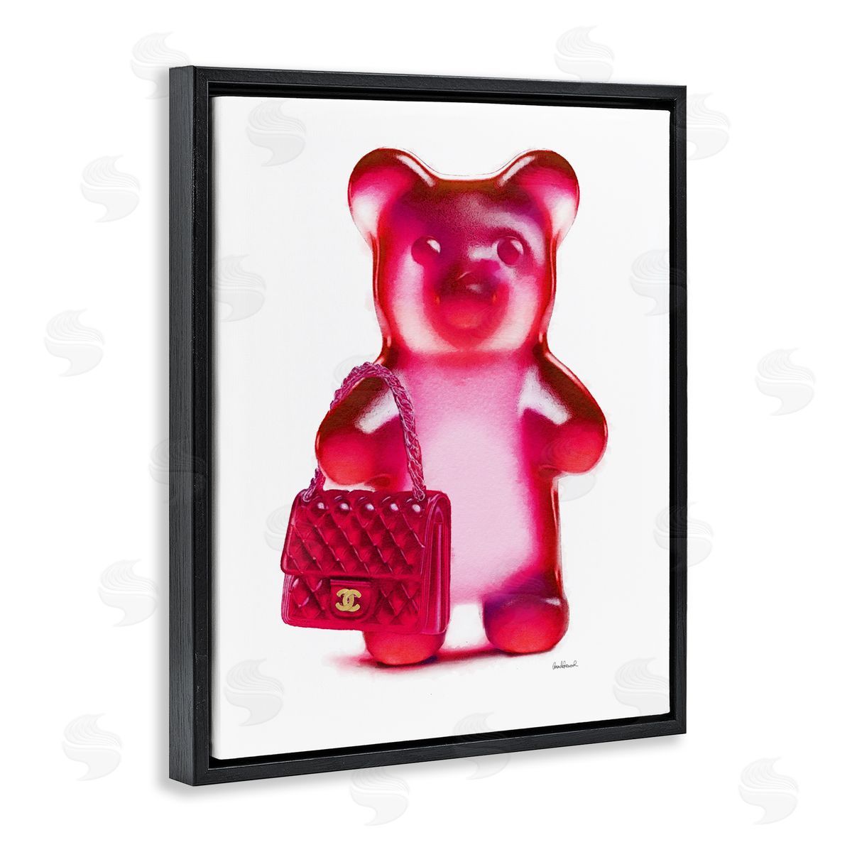 Red Bear & Purse Black Floating Frame Canvas Wall Art, Home Decor by Amanda Greenwood