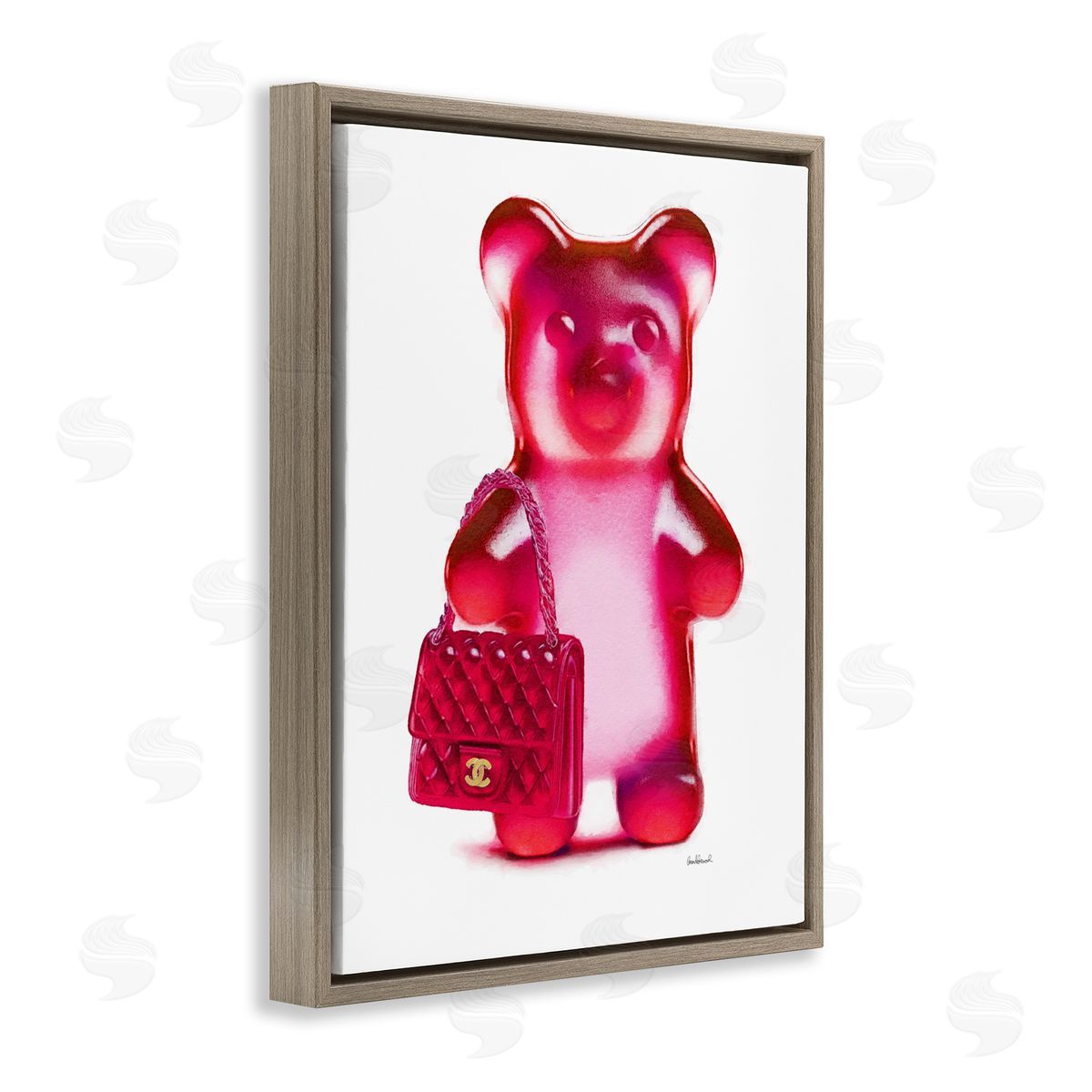 Red Bear & Purse Brown Floating Frame Canvas Wall Art, Home Decor by Amanda Greenwood
