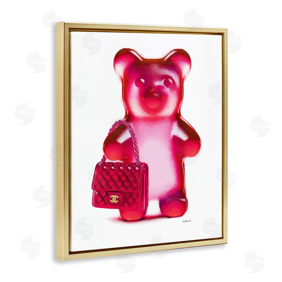 Red Bear & Purse Gold Floating Frame Canvas Wall Art, Home Decor by Amanda Greenwood