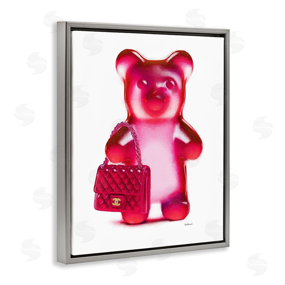 Red Bear & Purse Grey Floating Frame Canvas Wall Art, Home Decor by Amanda Greenwood