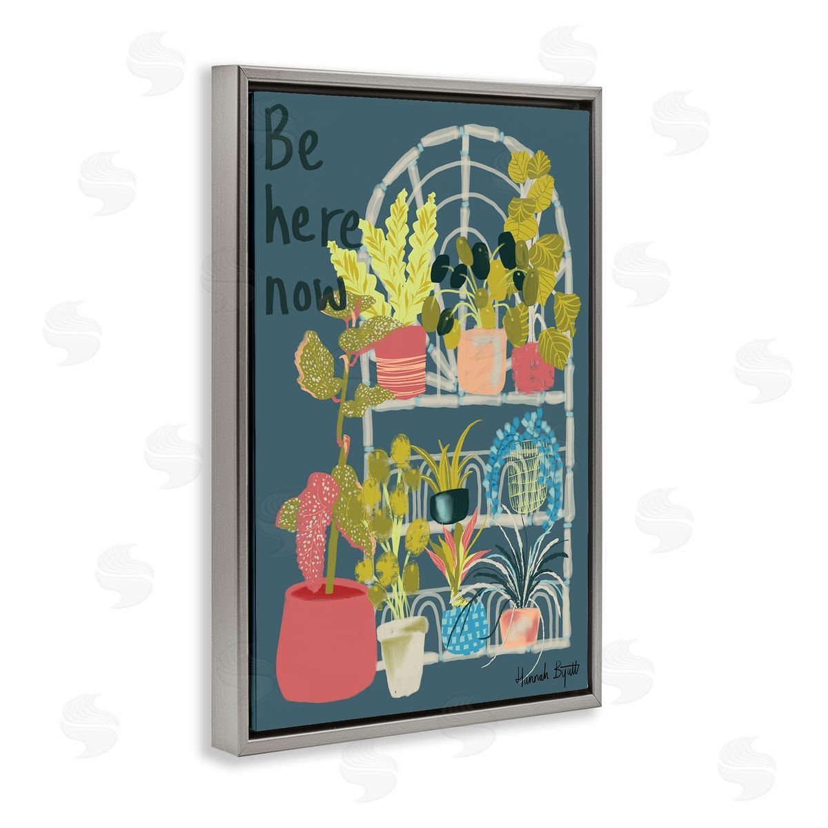 Be Here Now Plant Shelf Grey Floating Frame Canvas Wall Art, Home Decor by Hannah Byatt