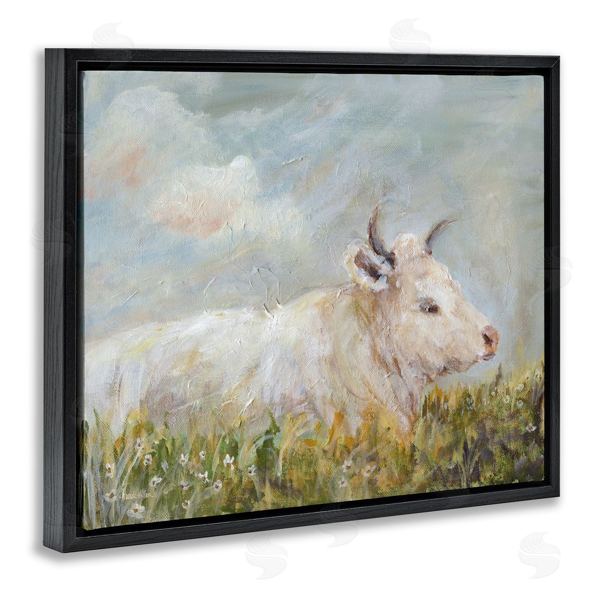 Subtle Cattle Sun Bathing Black Floating Frame Canvas Wall Art, Home Decor by Amanda Hilburn