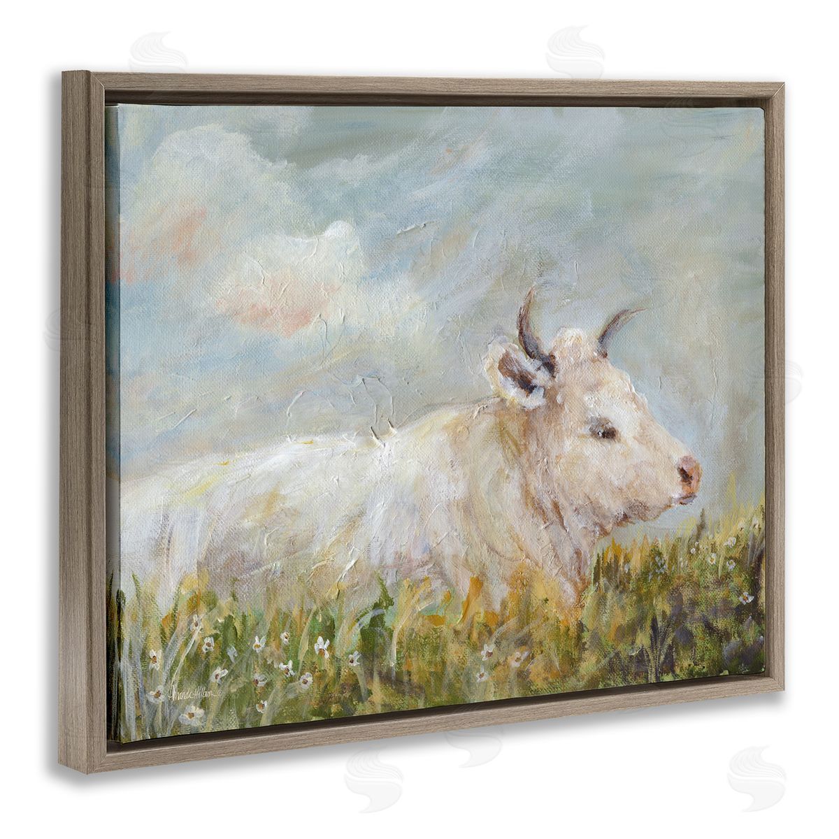 Subtle Cattle Sun Bathing Brown Floating Frame Canvas Wall Art, Home Decor by Amanda Hilburn