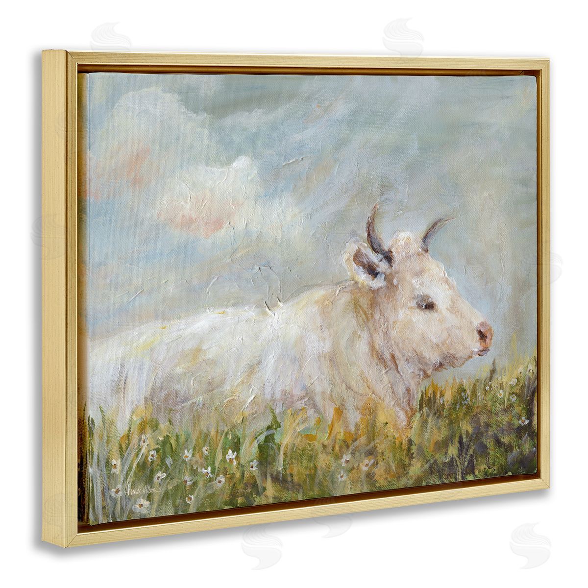 Subtle Cattle Sun Bathing Gold Floating Frame Canvas Wall Art, Home Decor by Amanda Hilburn